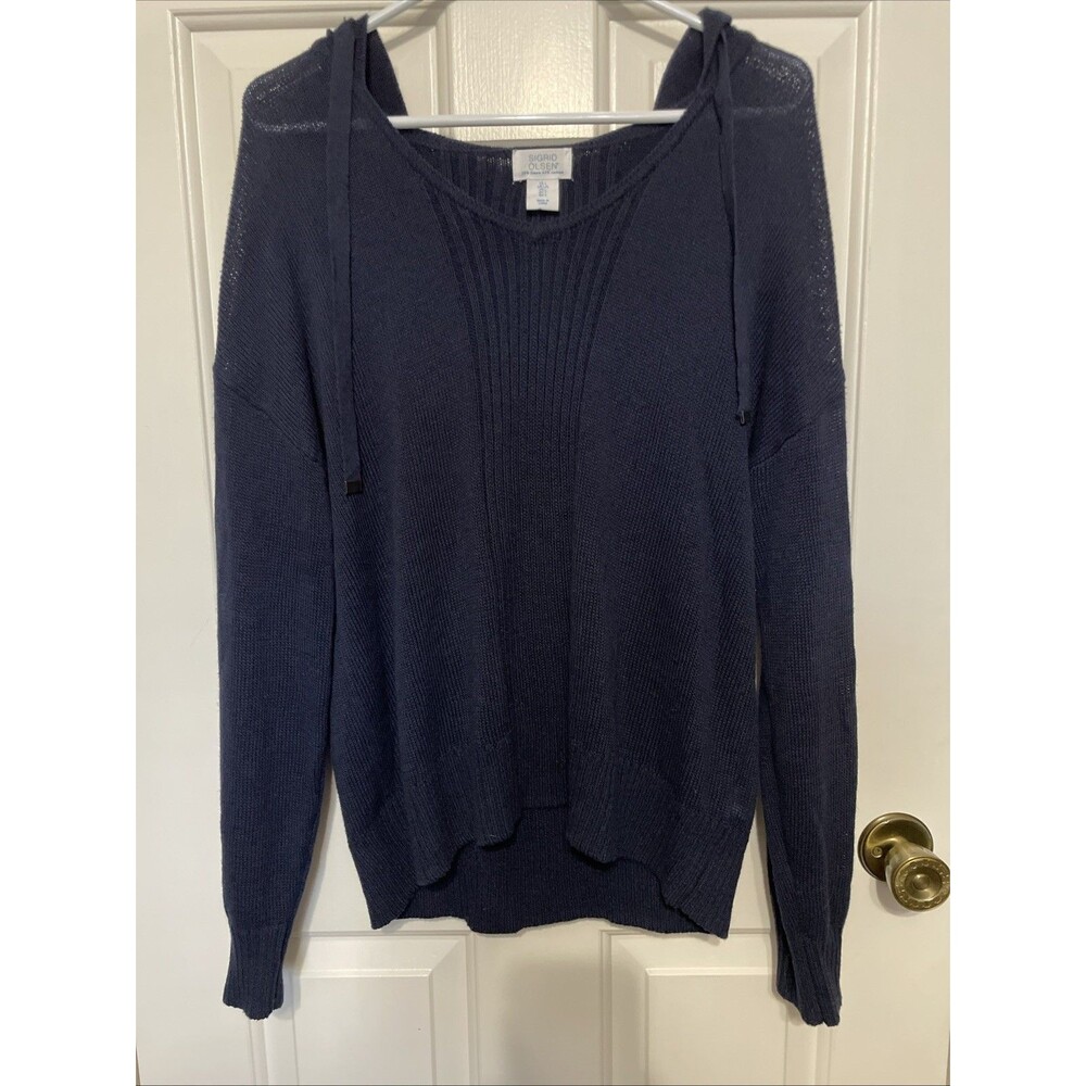 Sigrid Olsen Navy Blue Linen Blend Hooded Sweater Sz L Coastal Beach Classic